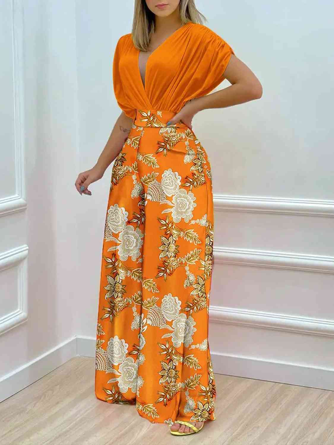 Printed Surplice Top and Wide Leg Pants Set | Sugarz Chique Boutique