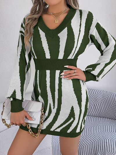Animal Print V-Neck Long Sleeve Sweater Dress | Sugarz Chique Boutique