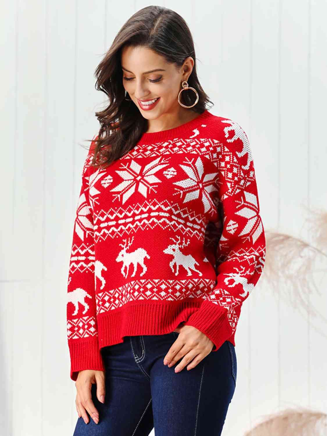 Reindeer & Snowflake Round Neck Sweater | Sugarz Chique Boutique