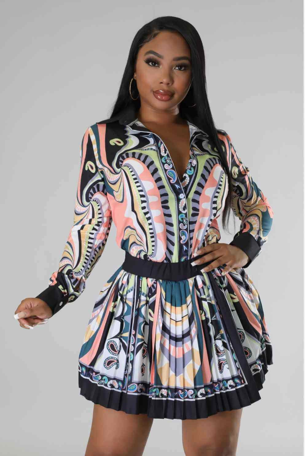 Graphic Long-sleeve Blouse and Mini Skirt Set - Sugarz Chique Boutique