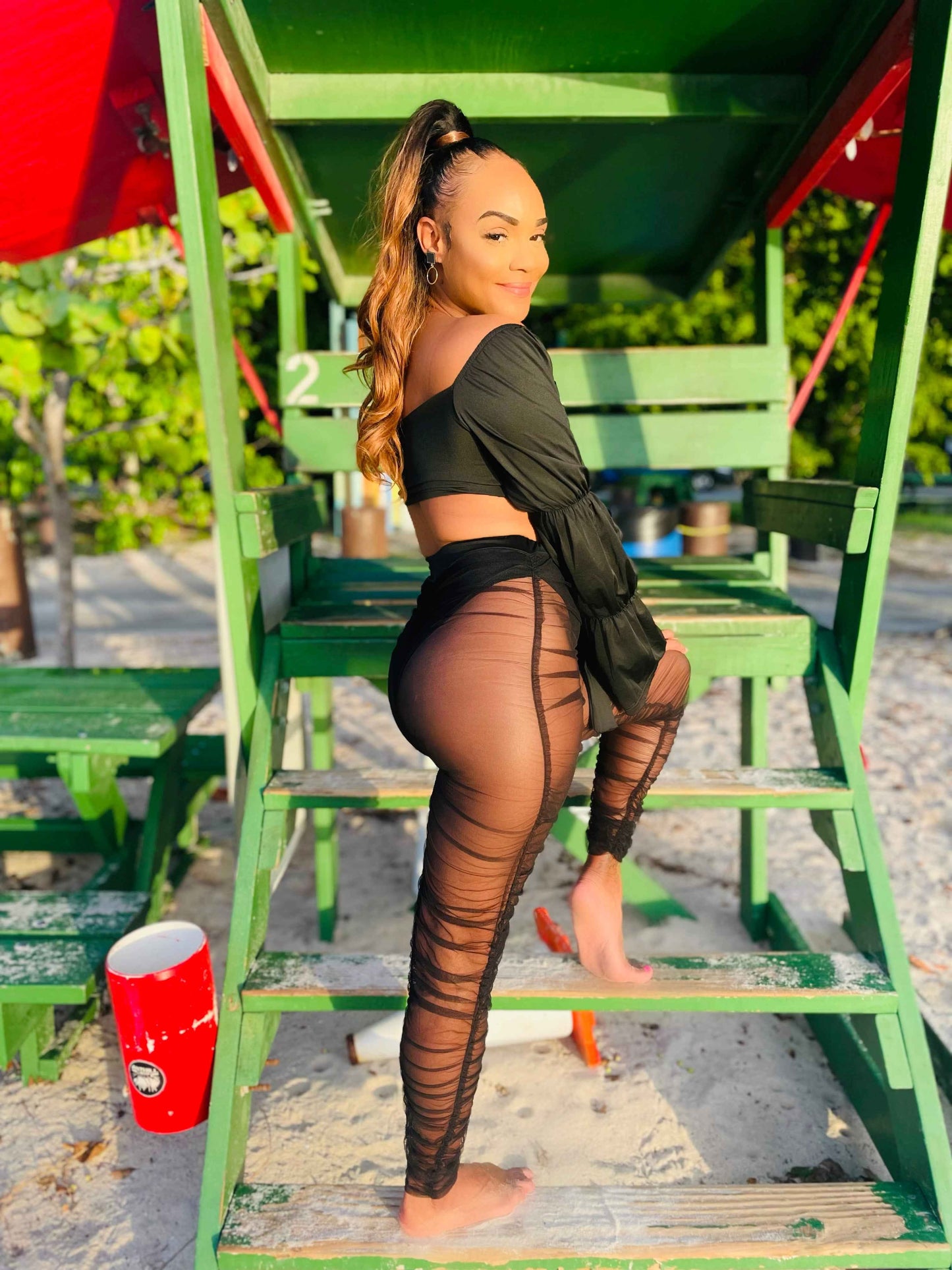 Long-sleeve Crop Top and Mesh Pants Set