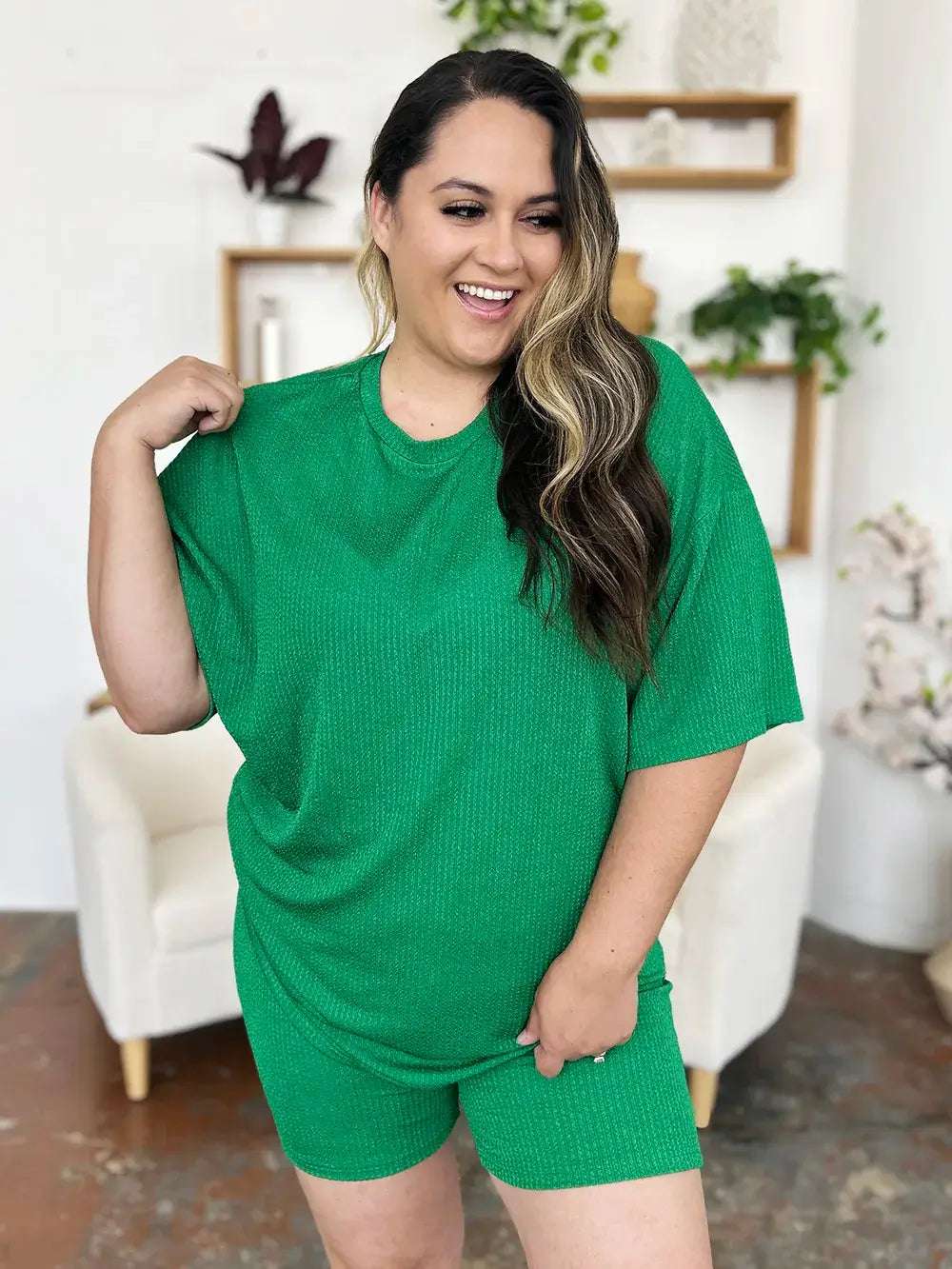 Double Take Full Size Texture Round Neck Drop Shoulder T-Shirt and Shorts Set | Sugarz Chique Boutique