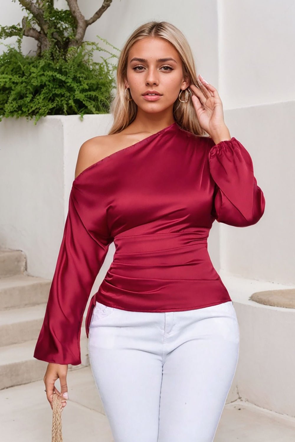 Drawstring One Shoulder Long Sleeve Blouse | Sugarz Chique Boutique