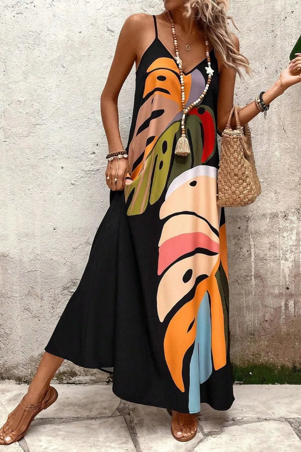 Lightweight tropical leaf v-neck dress for resort wear