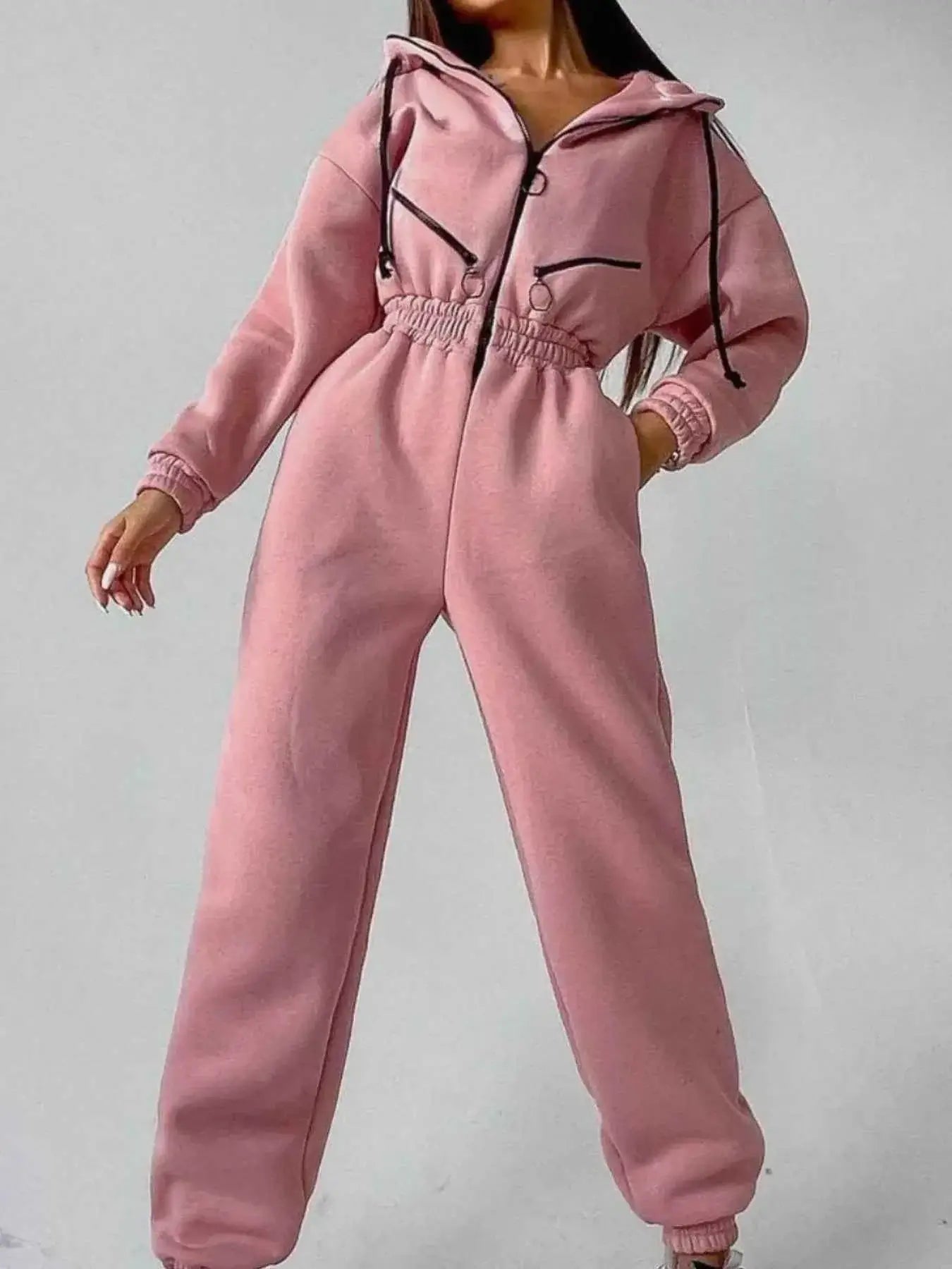 Hooded Zip-Up Long Sleeve Jumpsuit