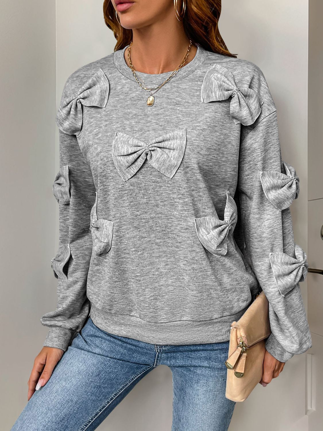 Perfee Bow Round Neck Long Sleeve Sweatshirt | Sugarz Chique Boutique