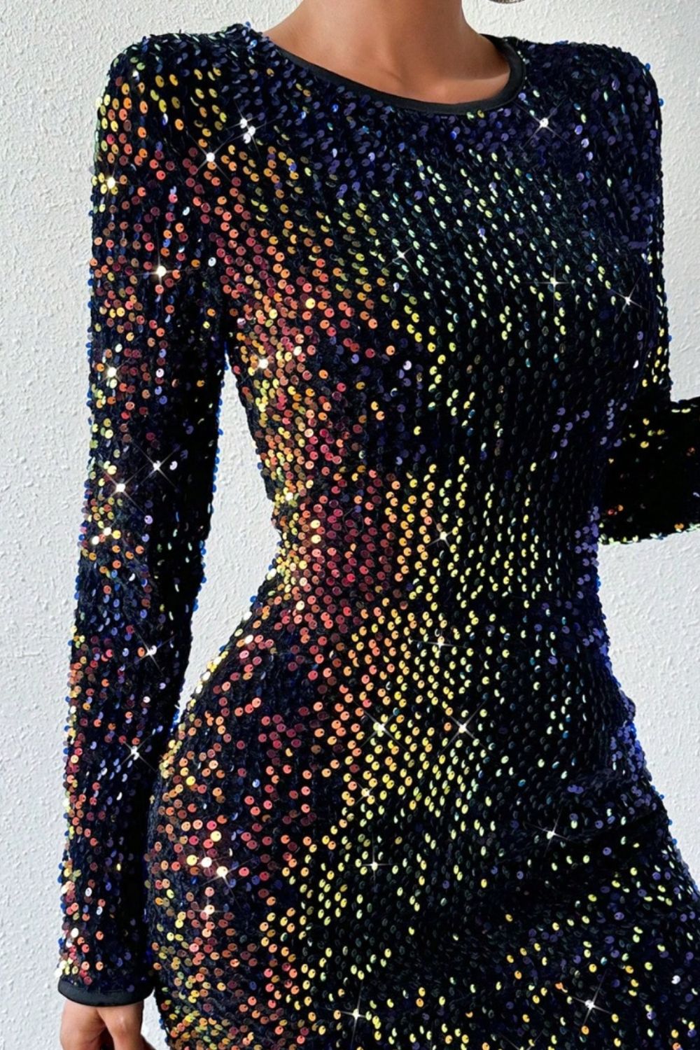 Sequin Round Neck Long Sleeve Mini Dress | Sugarz Chique Boutique
