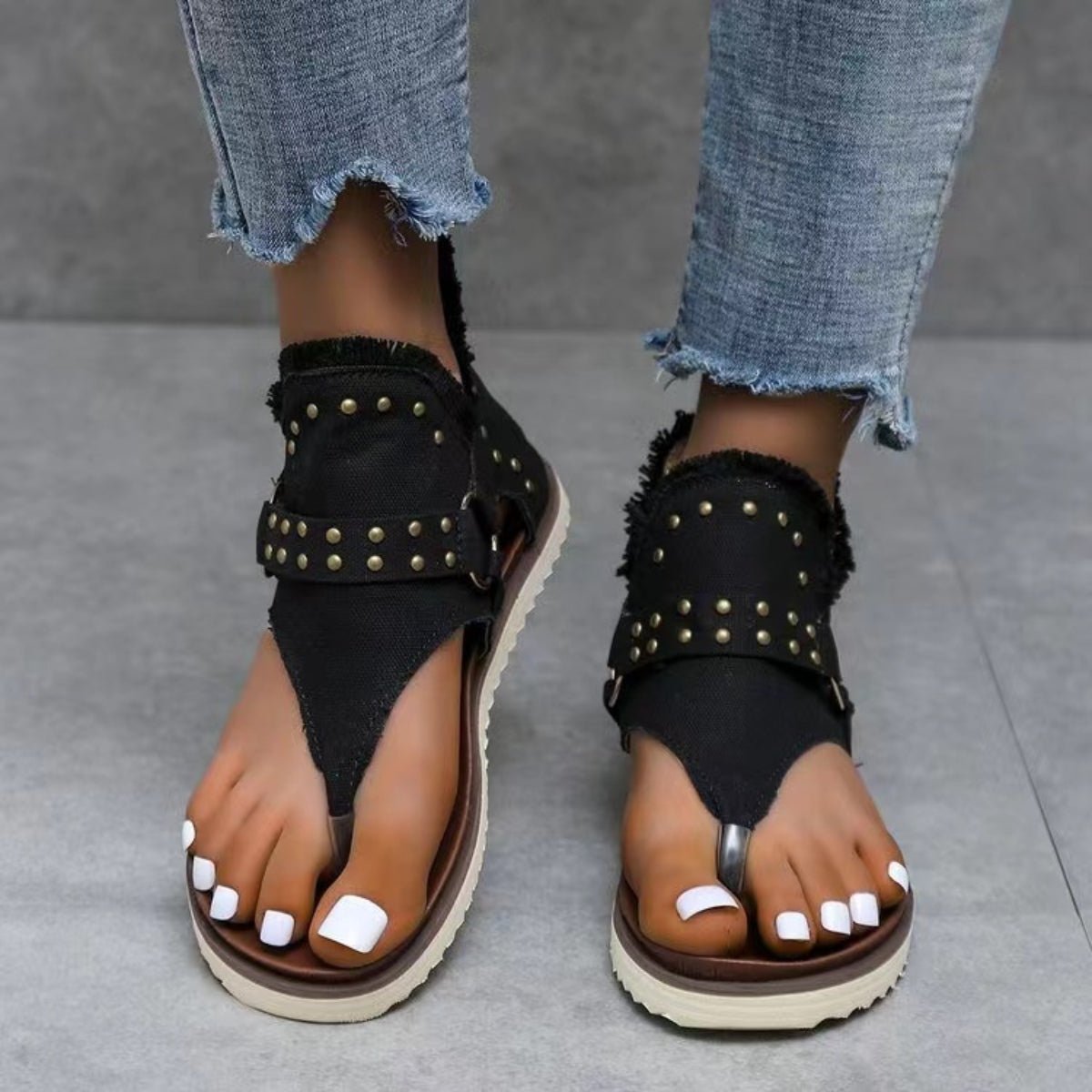 Studded Raw Hem Flat Sandals | Sugarz Chique Boutique