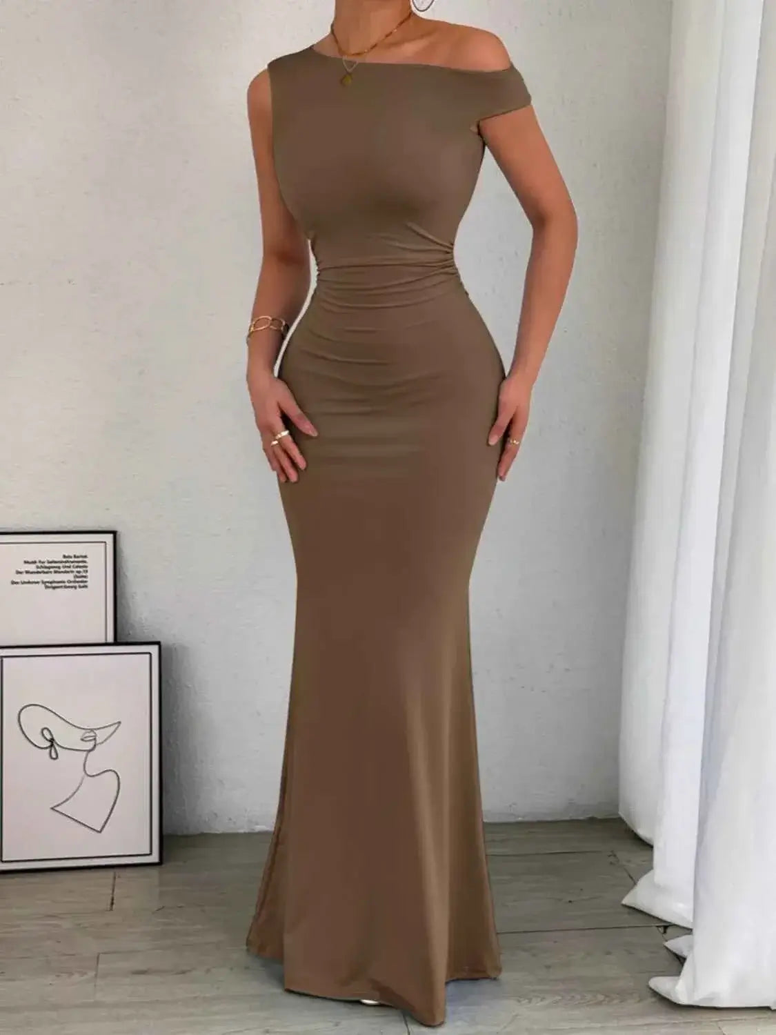 One-Shoulder Ruched Bodycon Maxi Dress