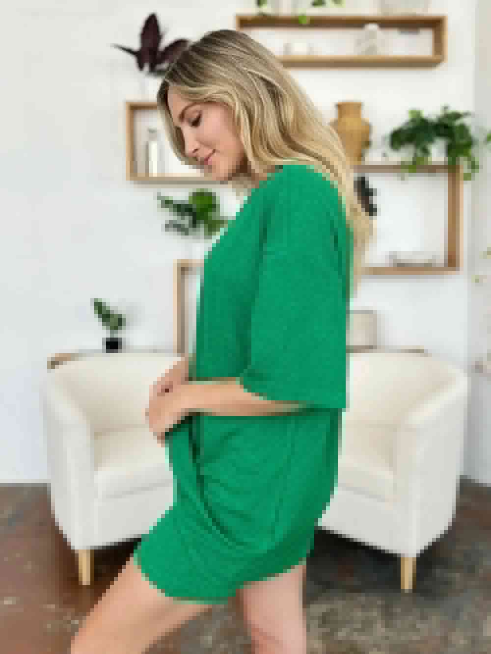 Double Take Full Size Texture Round Neck Drop Shoulder T-Shirt and Shorts Set | Sugarz Chique Boutique