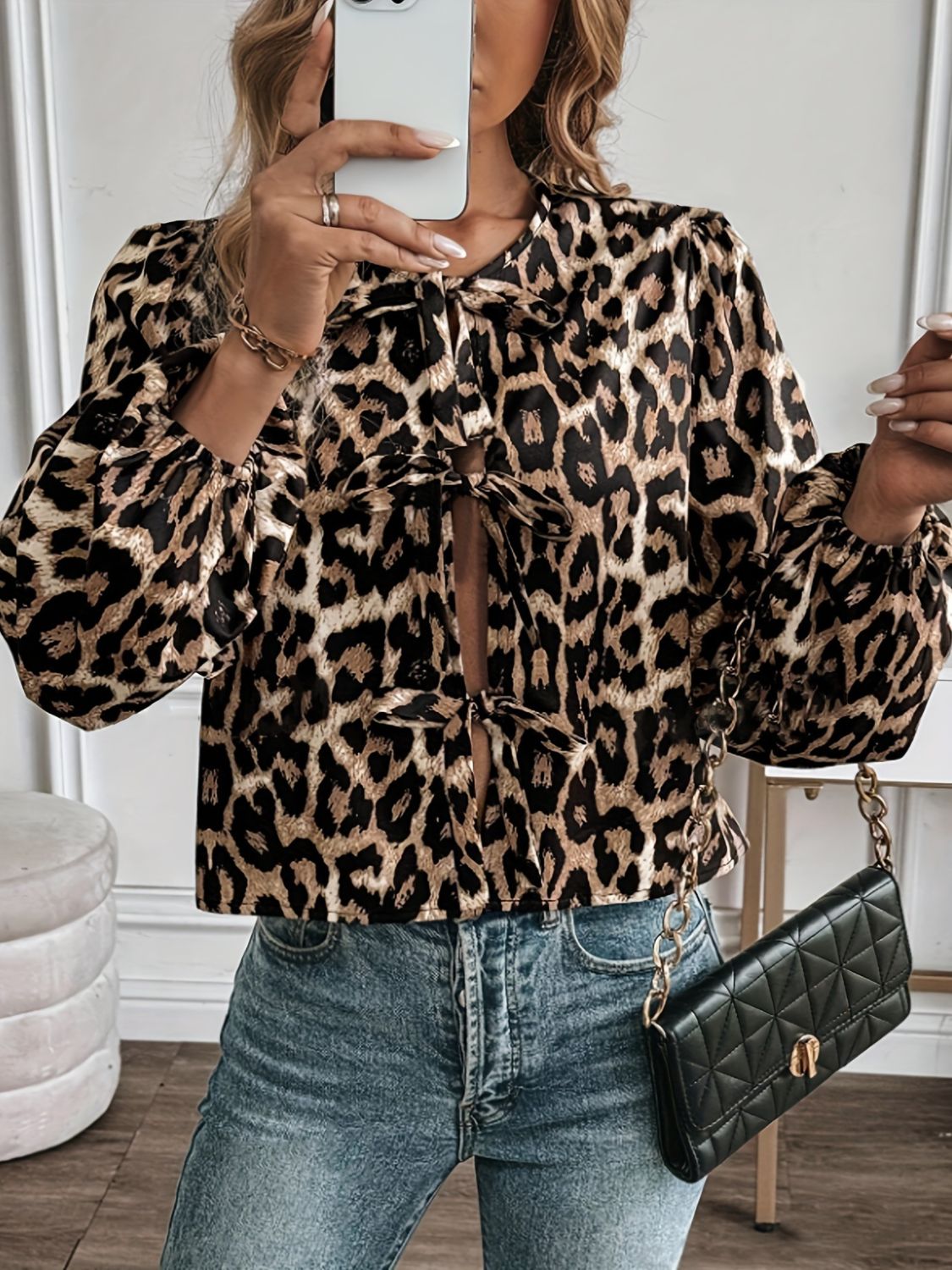 Tied Leopard Round Neck Long Sleeve Top | Sugarz Chique Boutique