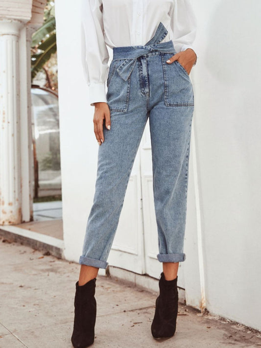 Tied Straight Leg Jeans with Pockets | Sugarz Chique Boutique