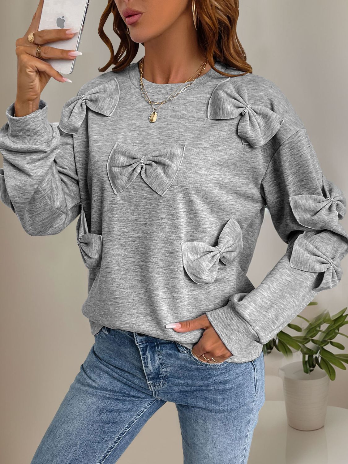 Perfee Bow Round Neck Long Sleeve Sweatshirt | Sugarz Chique Boutique