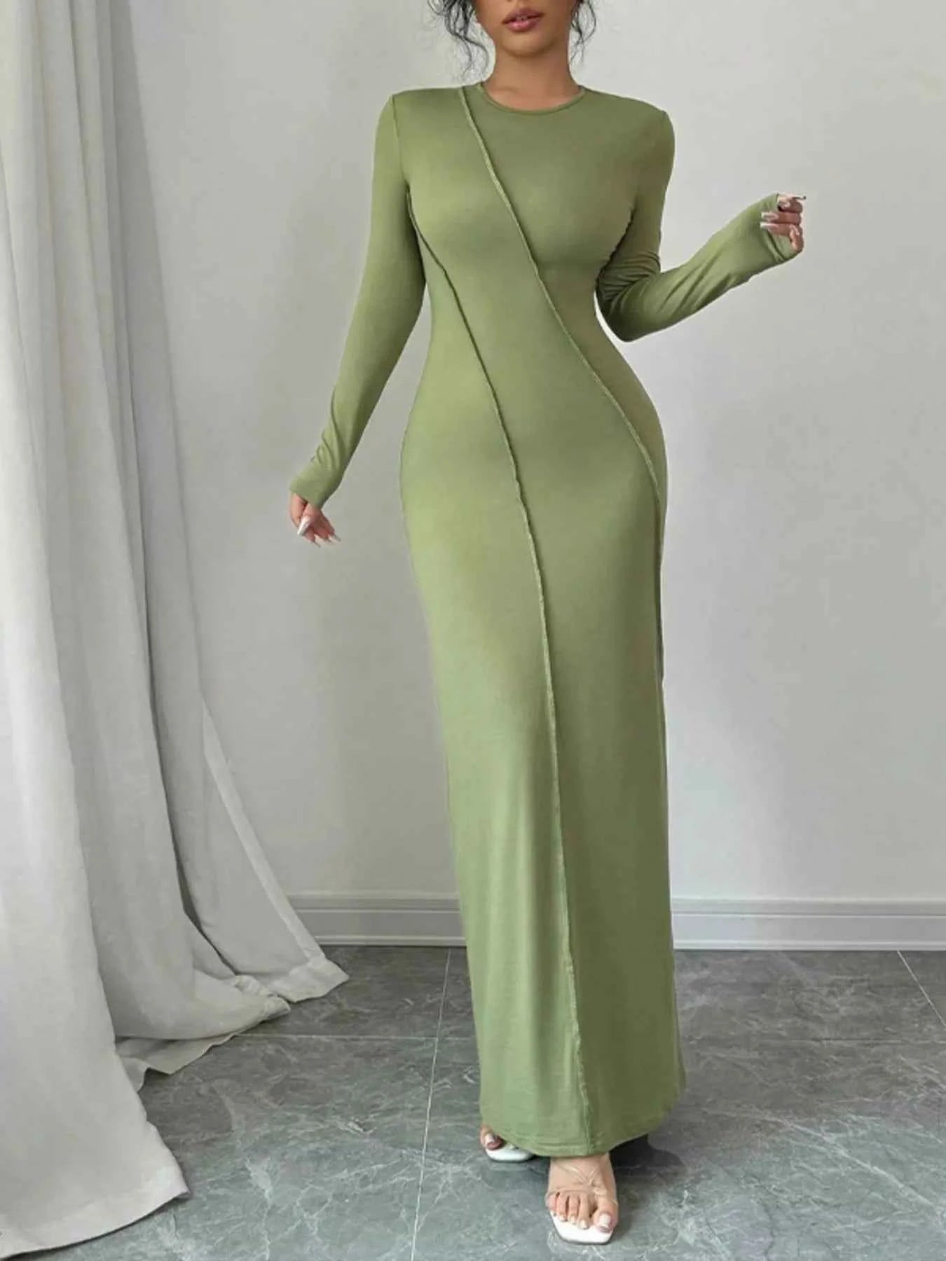 Exposed Seam Long Sleeve Maxi Dress