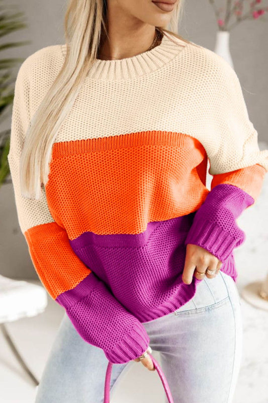 Color Block Drop Shoulder Round Neck Sweater | Sugarz Chique Boutique