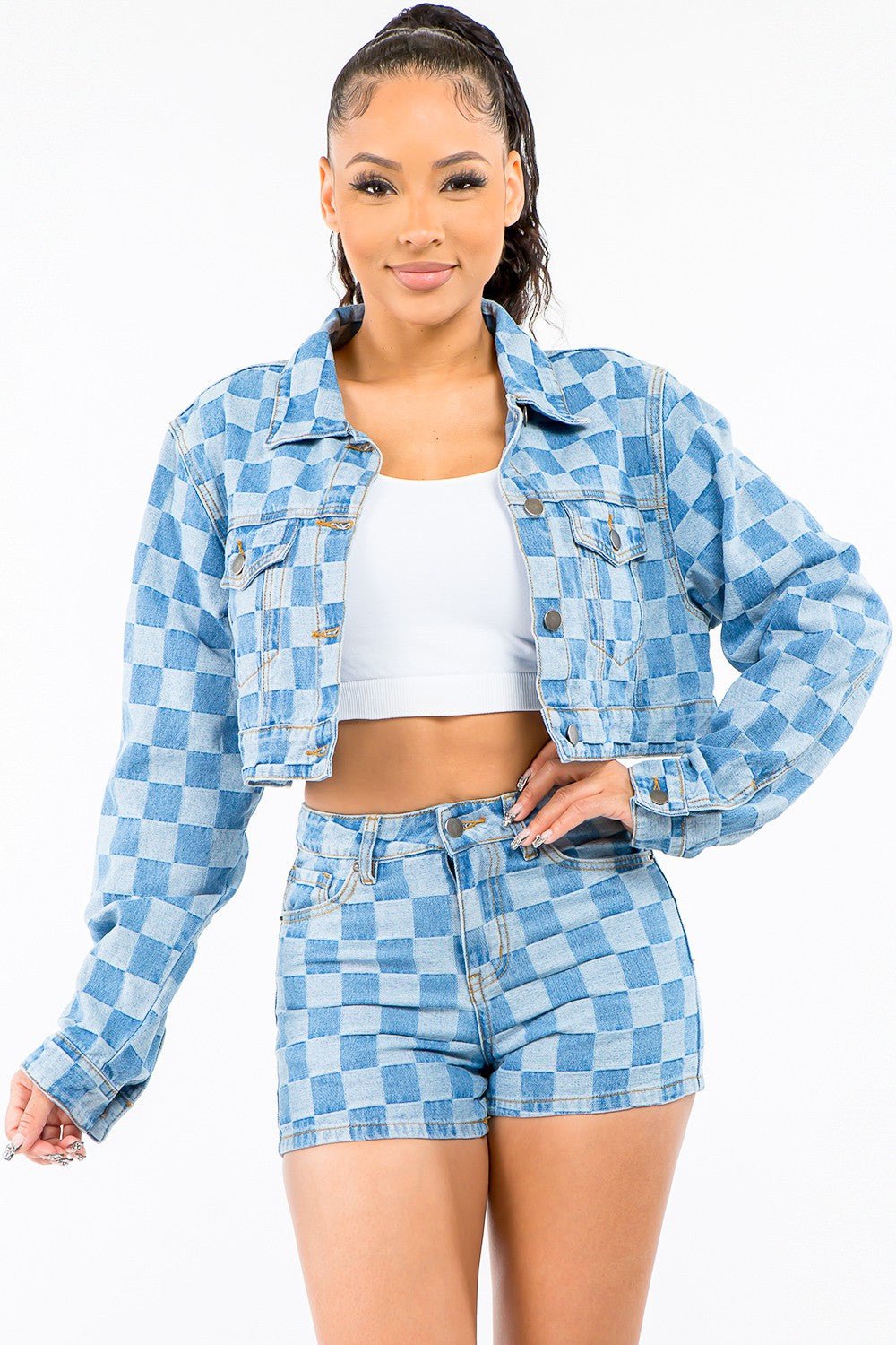 American Bazi Checkered Long Sleeve Cropped Denim Jacket | Sugarz Chique Boutique