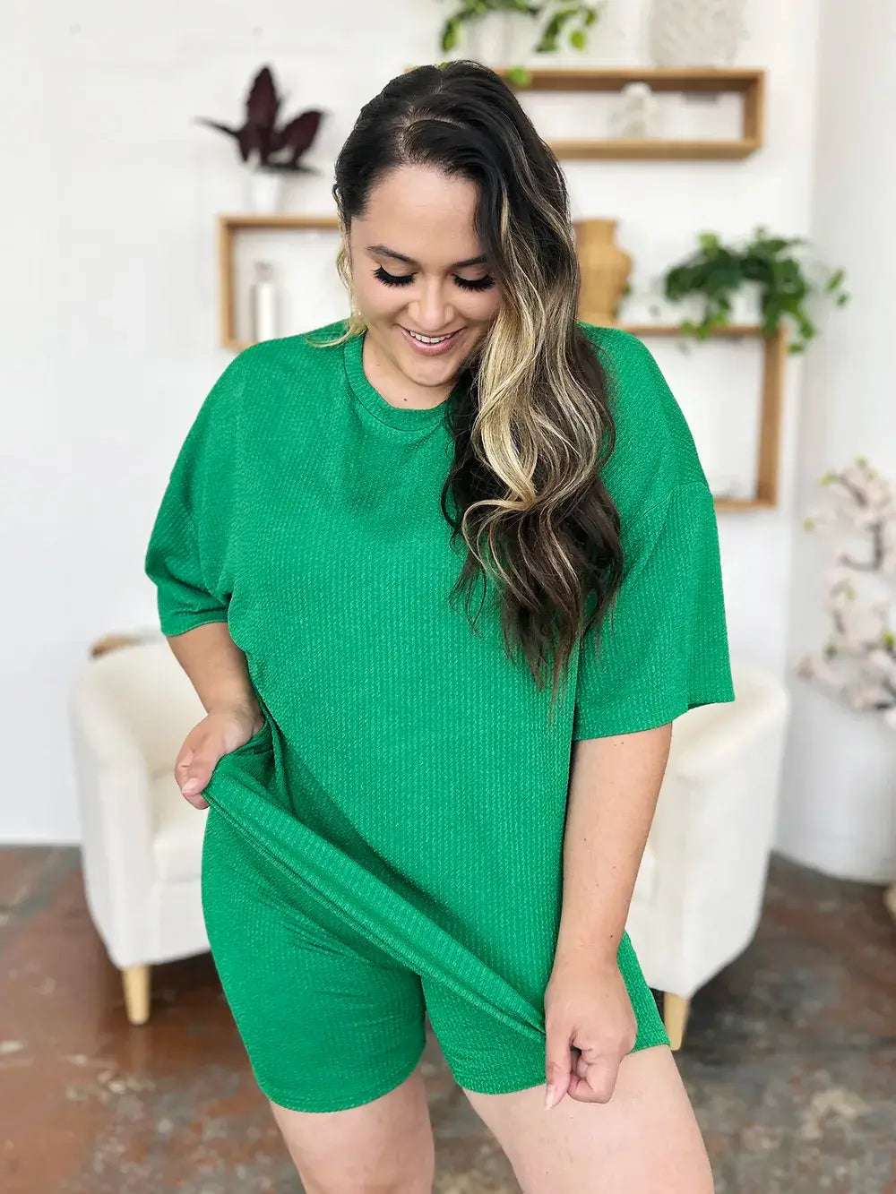 Double Take Full Size Texture Round Neck Drop Shoulder T-Shirt and Shorts Set | Sugarz Chique Boutique