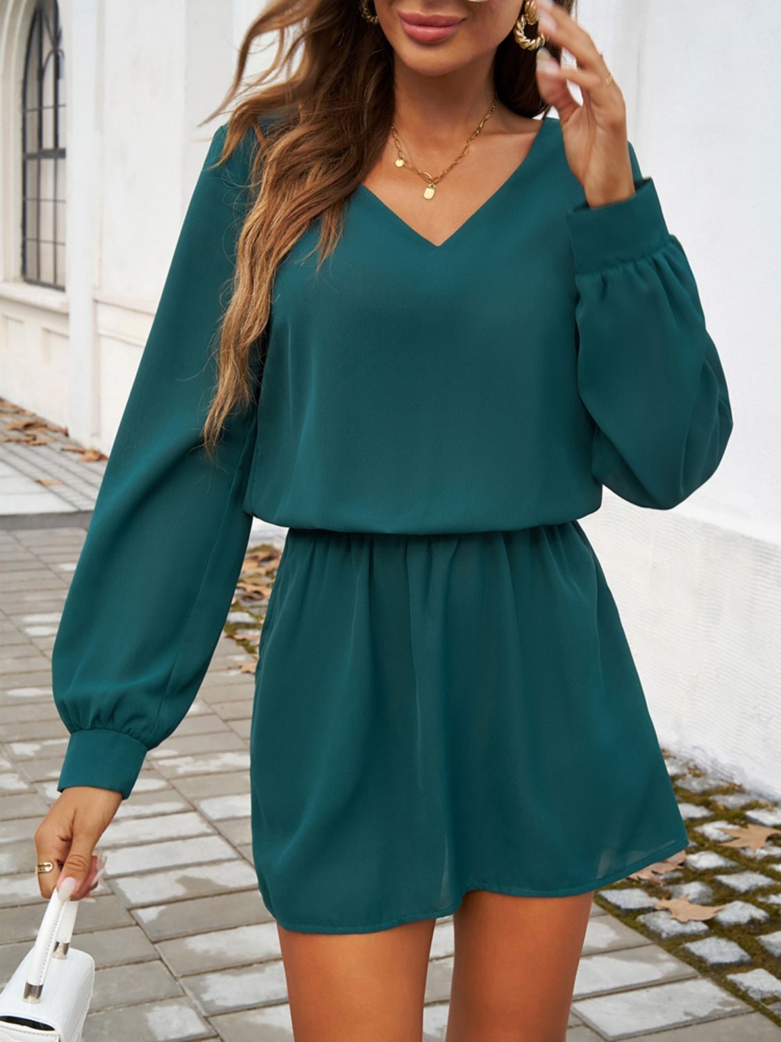 Devine Cutout V-Neck Long Sleeve Mini Dress | Sugarz Chique Boutique