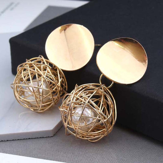 Vintage geometric earrings with pearl stud and woven ball design