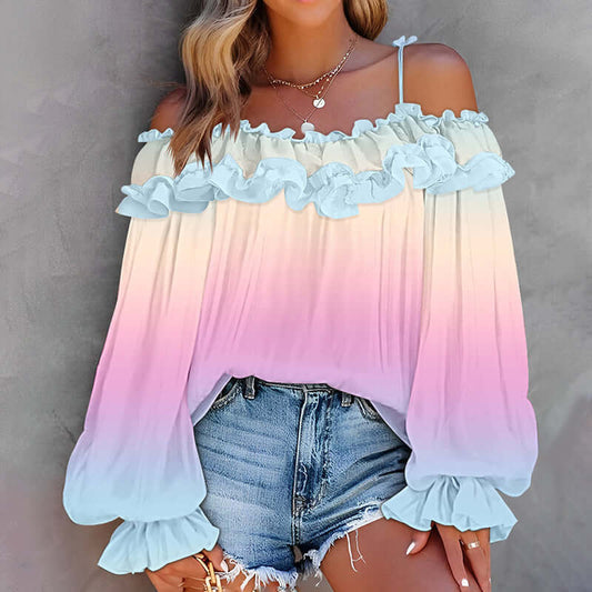 shoulder ruffle trendy summer fashion color gradient long sleeve blouse