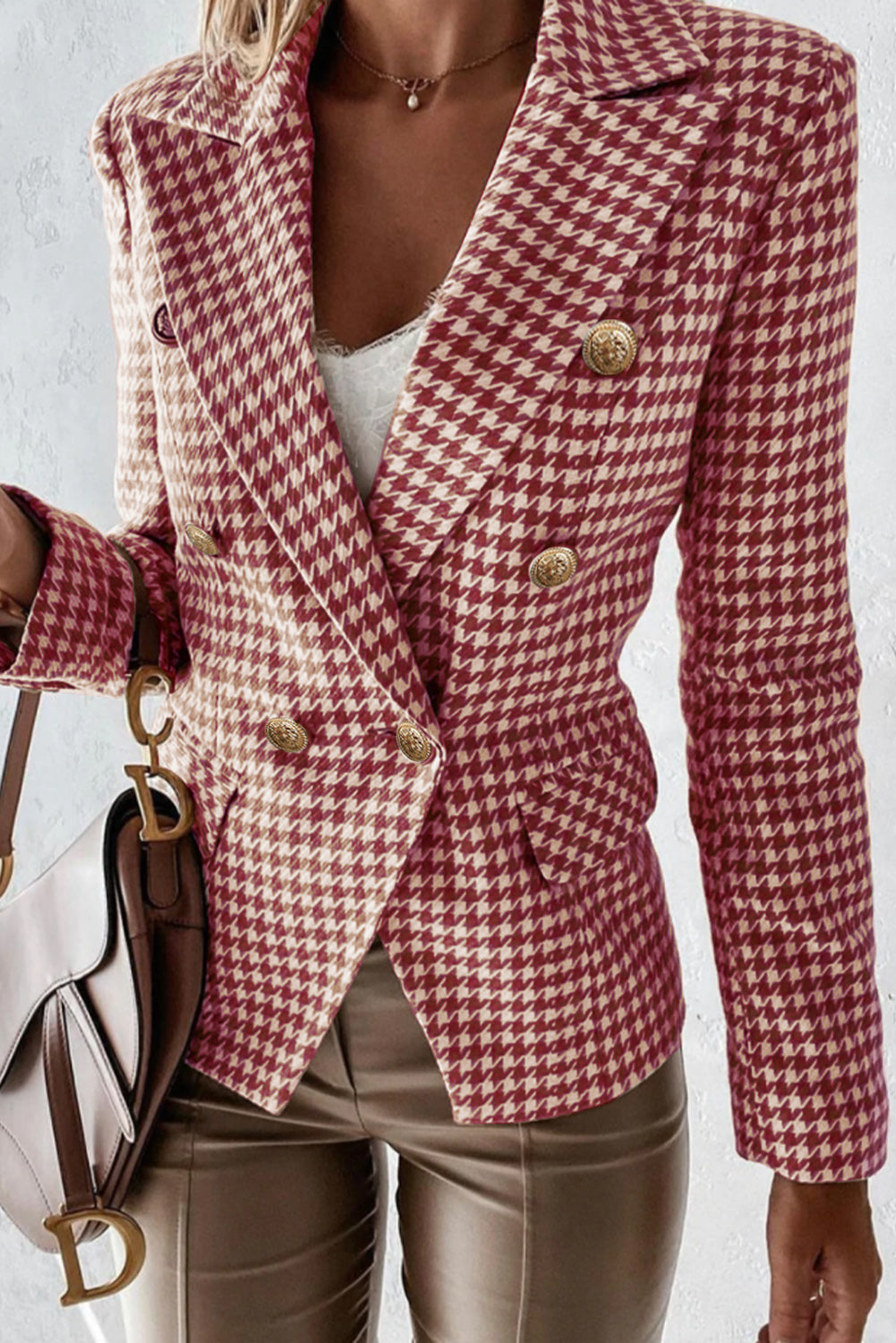 Houndstooth Collared Neck Double-Breasted Blazer | Sugarz Chique Boutique