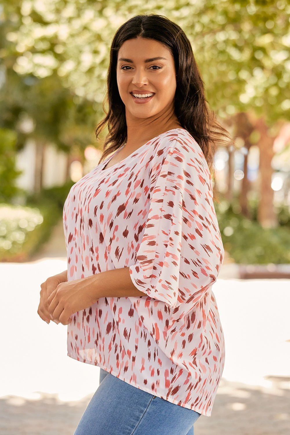 Plus Size Printed V-Neck Blouse | Sugarz Chique Boutique