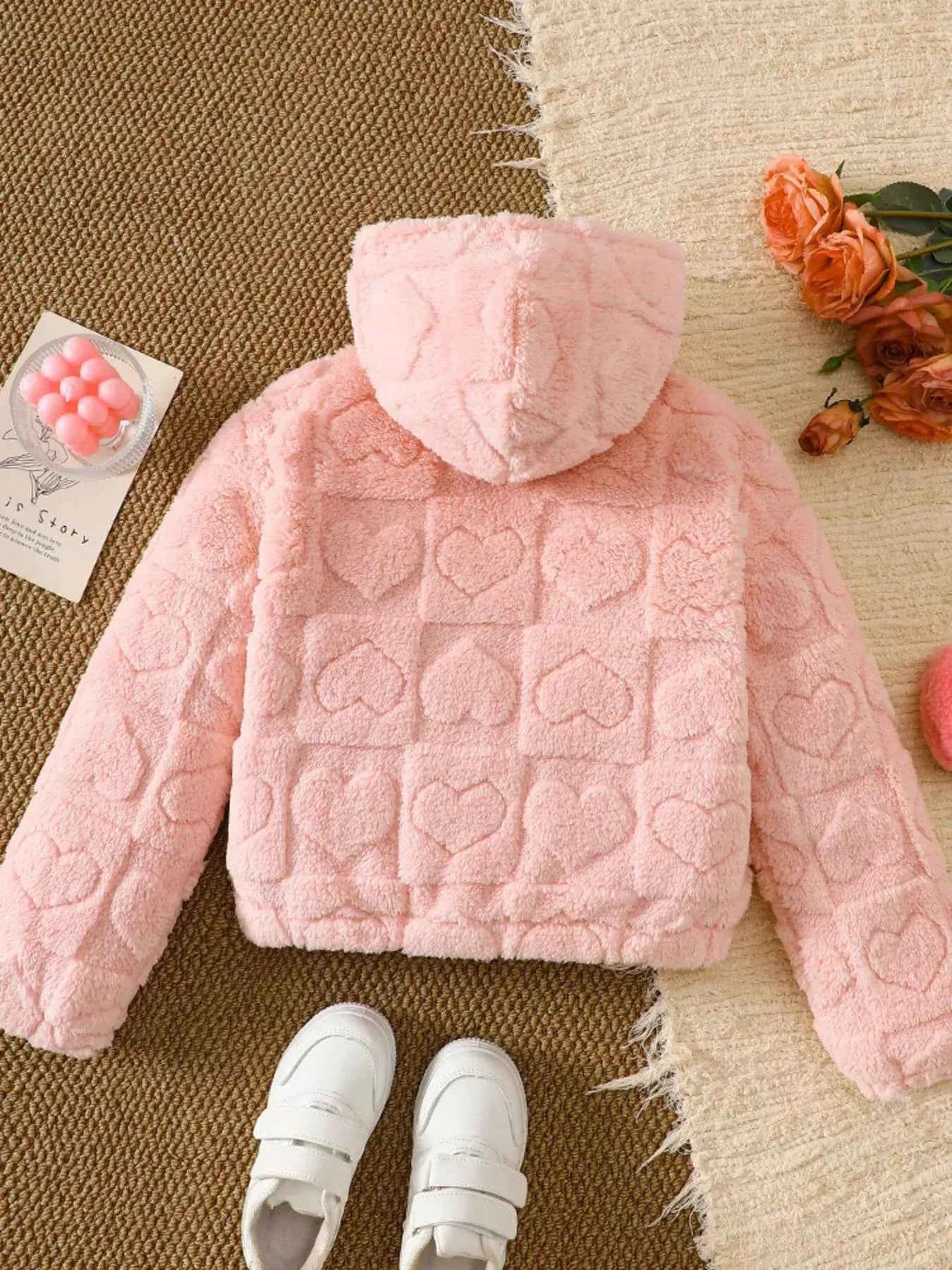 Children's Heart Pattern Fuzzy Hooded Outerwear