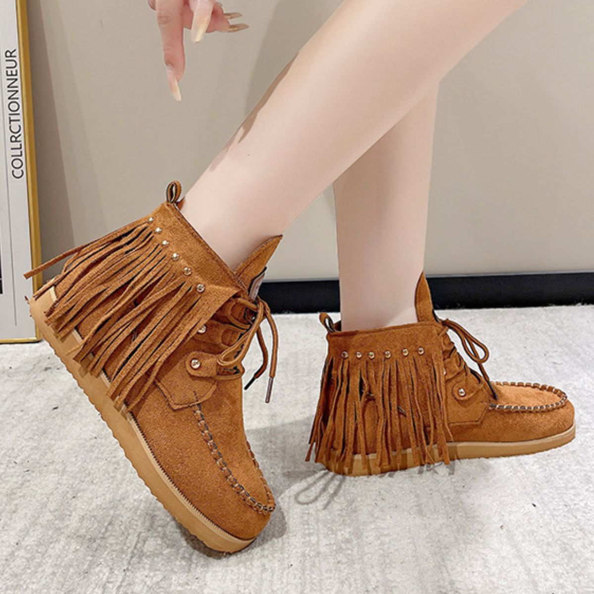 Fringe Studded Round Toe Canvas Boots | Sugarz Chique Boutique