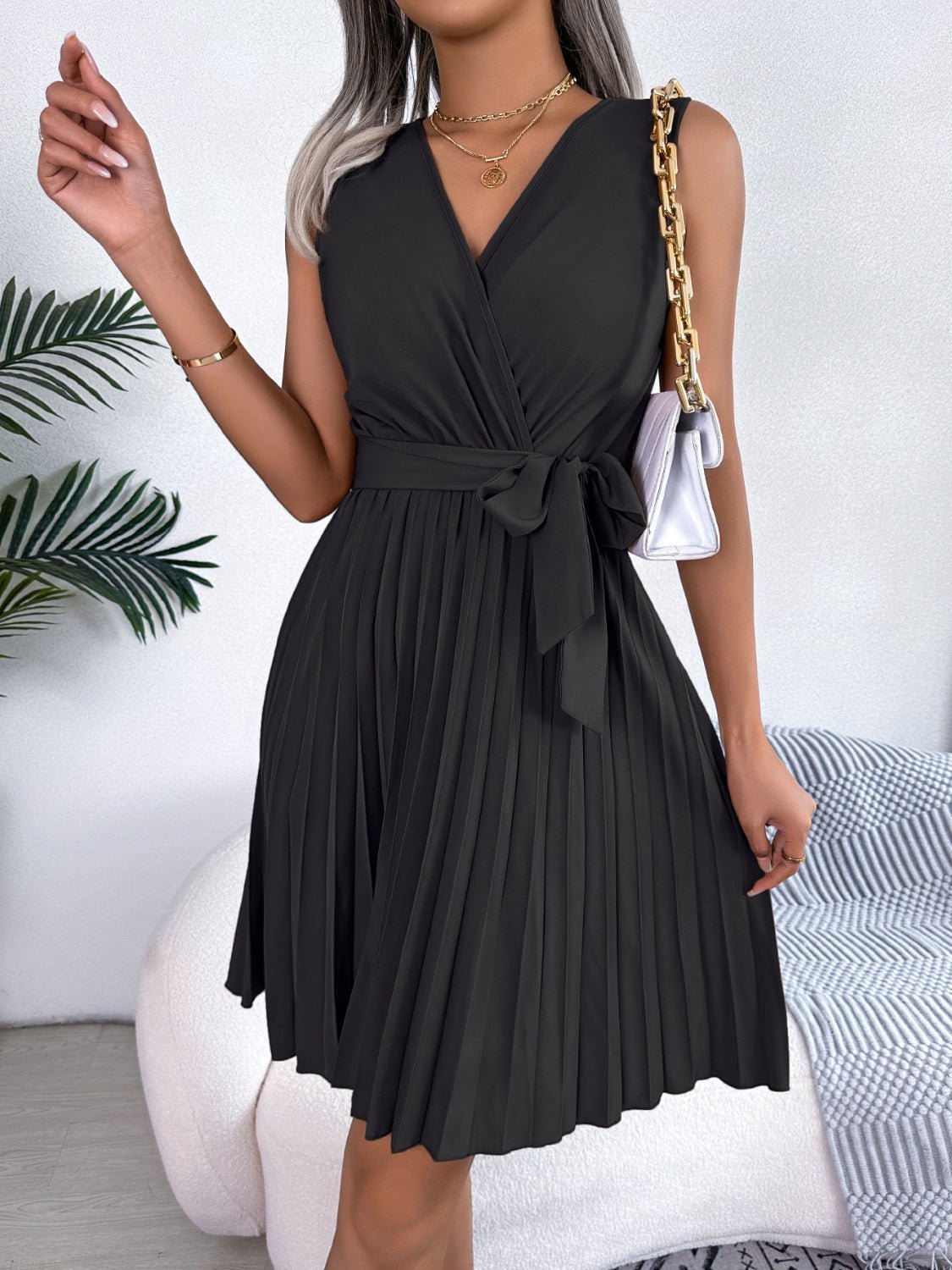 Tied Surplice Sleeveless Pleated Dress | Sugarz Chique Boutique