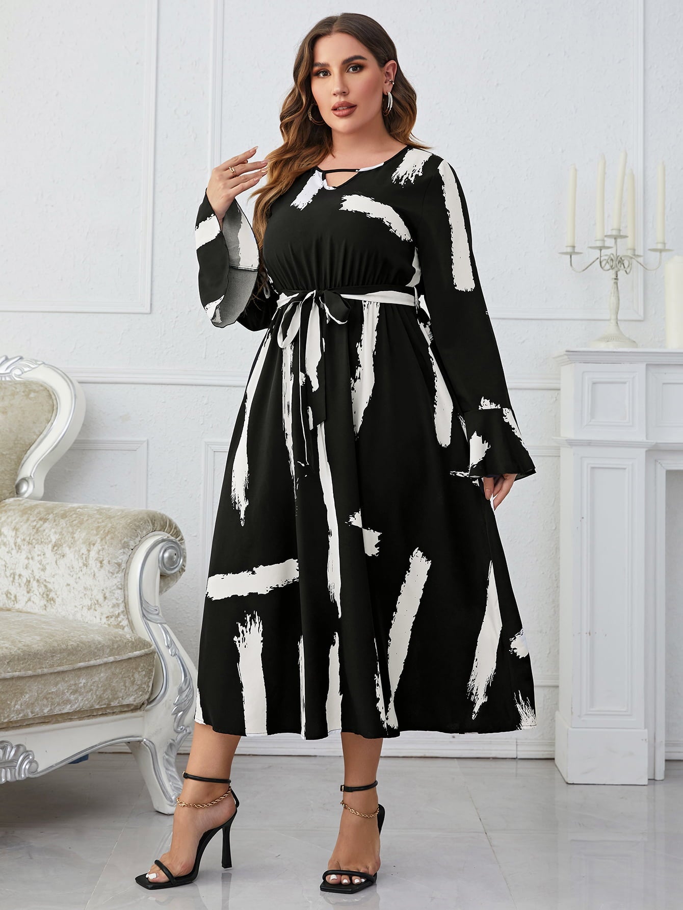 Melo Apparel Plus Size Printed Tie Belt Flare Sleeve Round Neck Midi Dress | Sugarz Chique Boutique