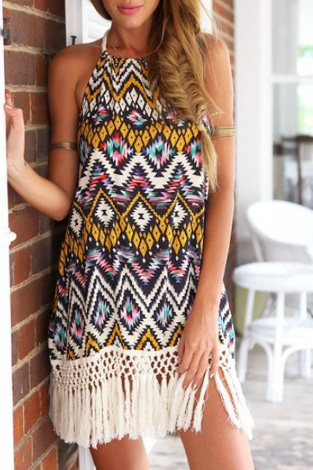 Full Size Tassel Printed Halter Neck Mini Dress | Sugarz Chique Boutique