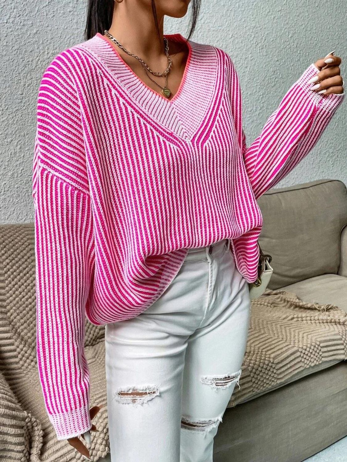 Striped V-Neck Long Sleeve Sweater | Sugarz Chique Boutique