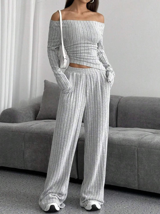 Ribbed Off-Shoulder Top and Pants Set | Sugarz Chique Boutique