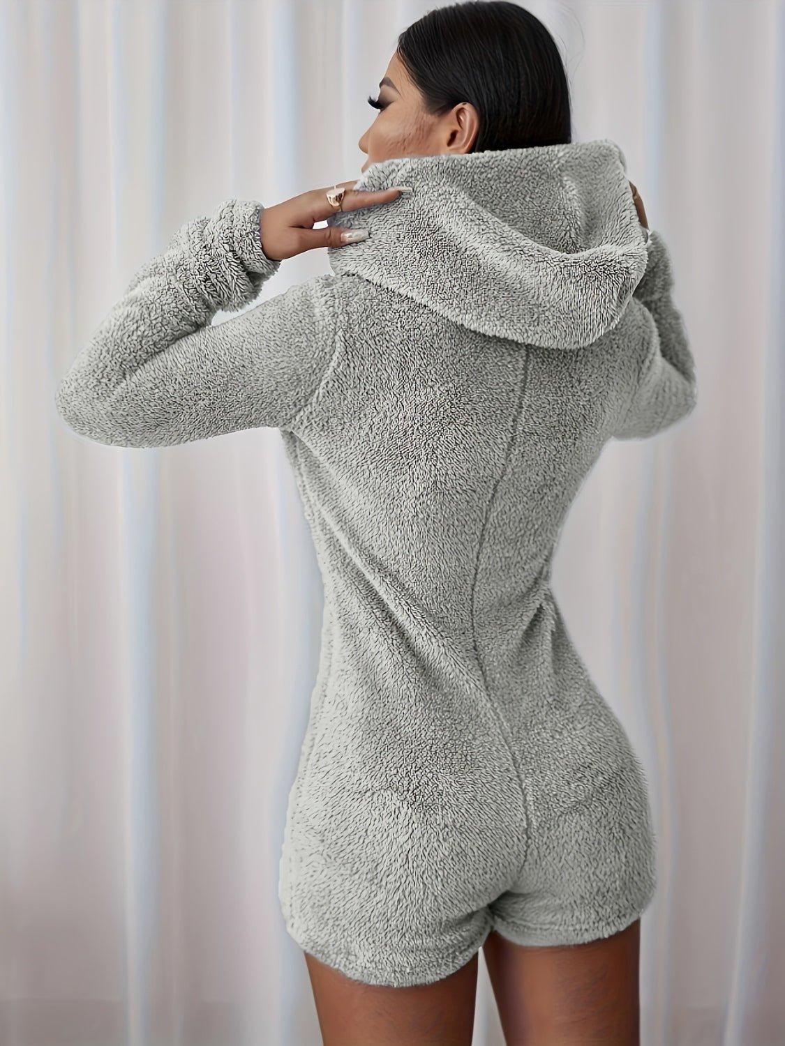 Furry Half Zip Long Sleeve Hooded Bodysuit | Sugarz Chique Boutique