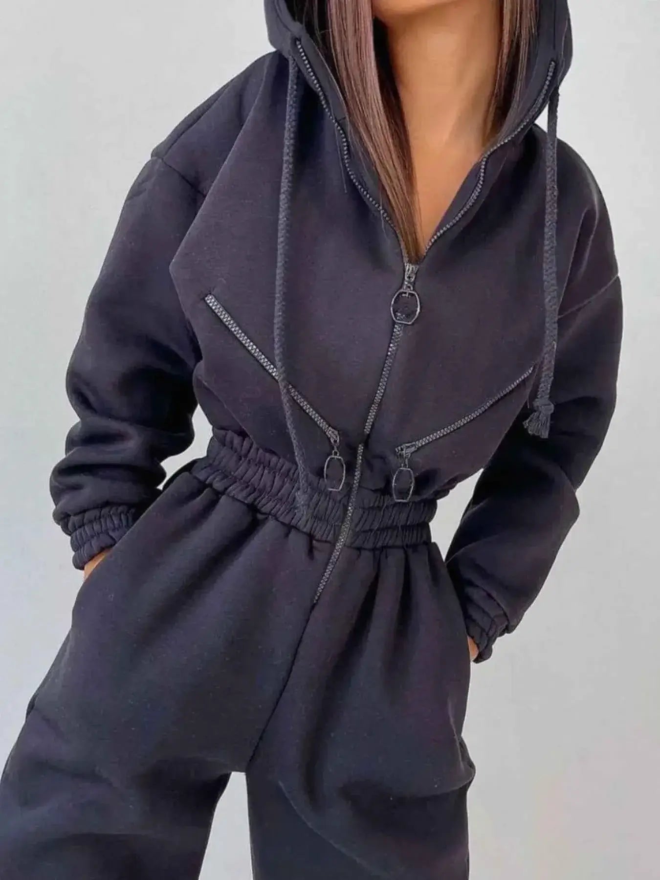 Hooded Zip-Up Long Sleeve Jumpsuit