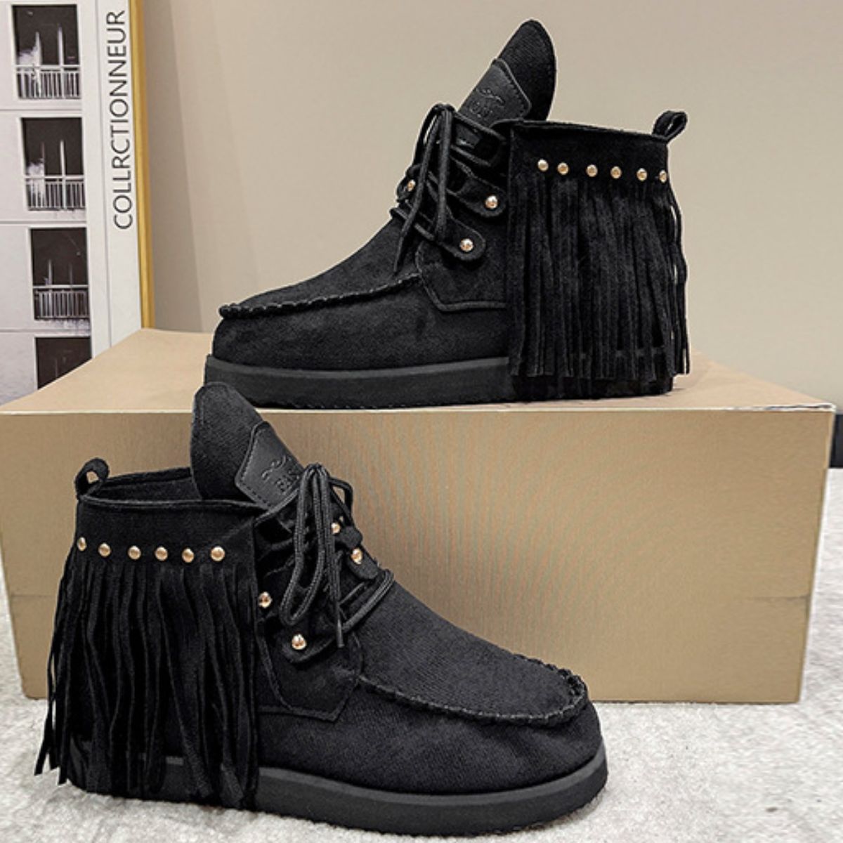 Fringe Studded Round Toe Canvas Boots | Sugarz Chique Boutique