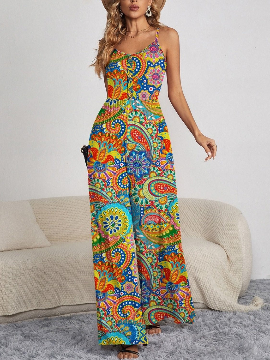 Decorative Button Spaghetti Strap Wide Leg Jumpsuit | Sugarz Chique Boutique