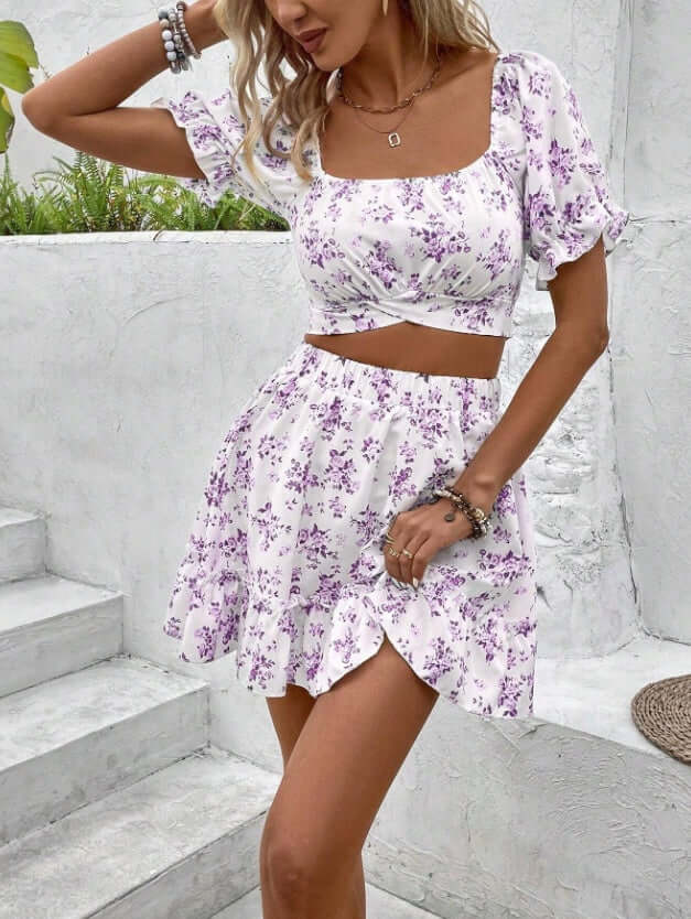 Boho-inspired ditsy floral crop top and midi skirt set for women