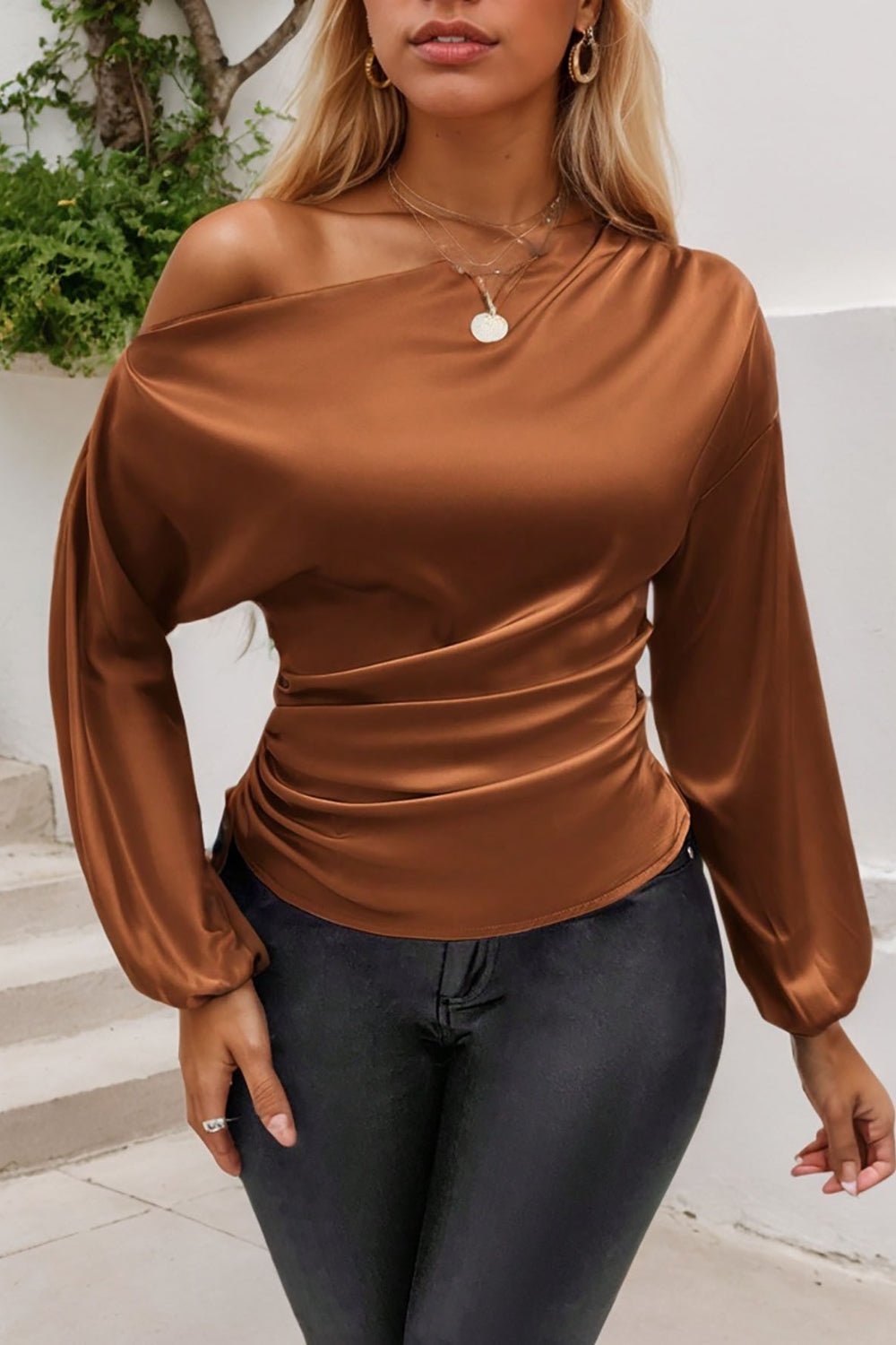 Drawstring One Shoulder Long Sleeve Blouse | Sugarz Chique Boutique