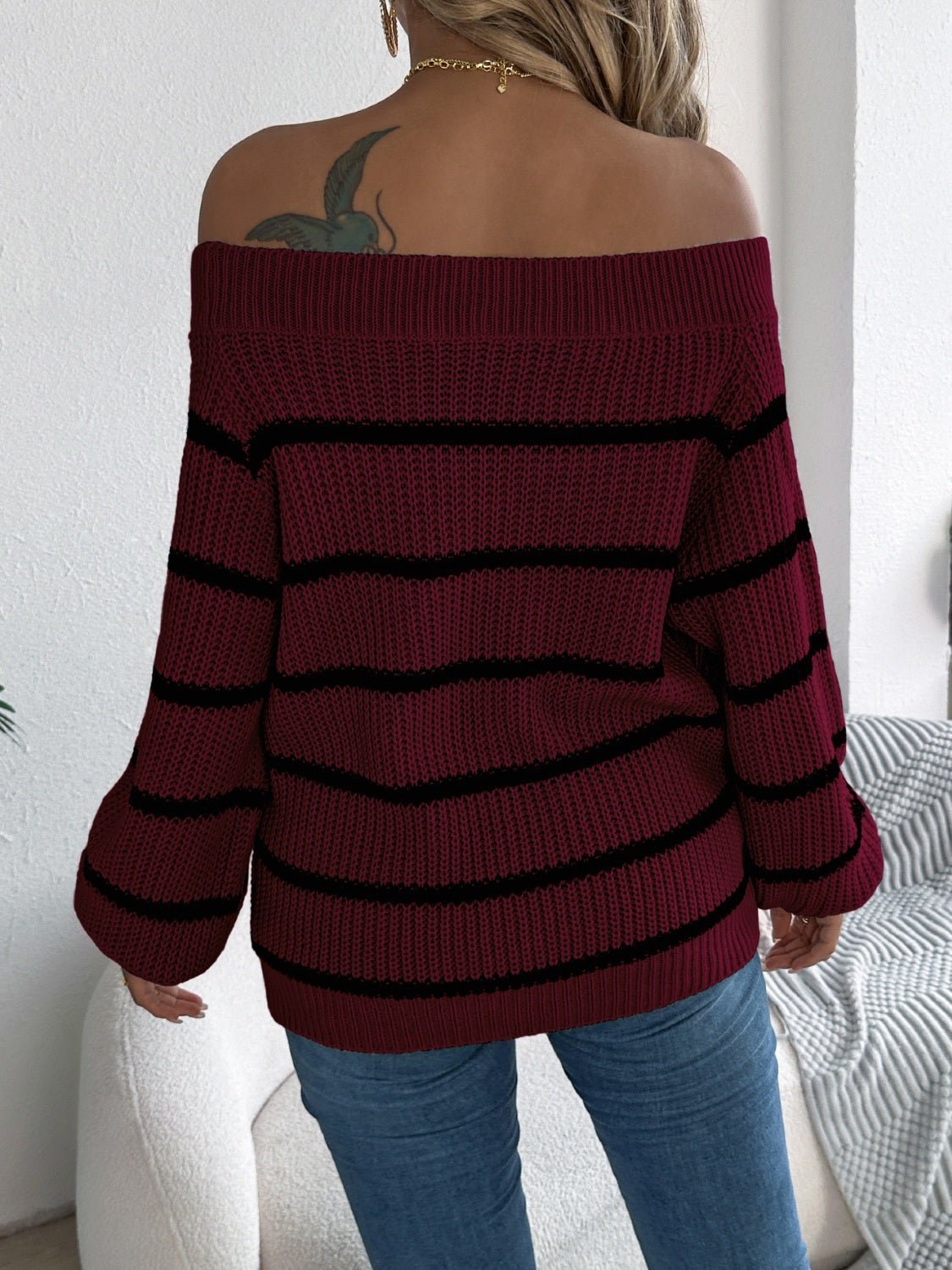 Striped Off-Shoulder Long Sleeve Sweater | Sugarz Chique Boutique