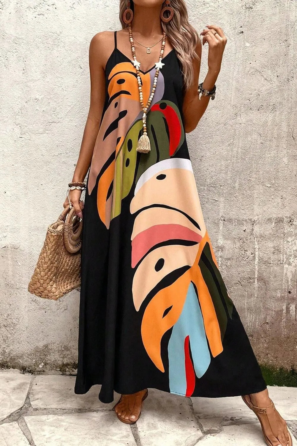 Floral palm print cami maxi dress for summer