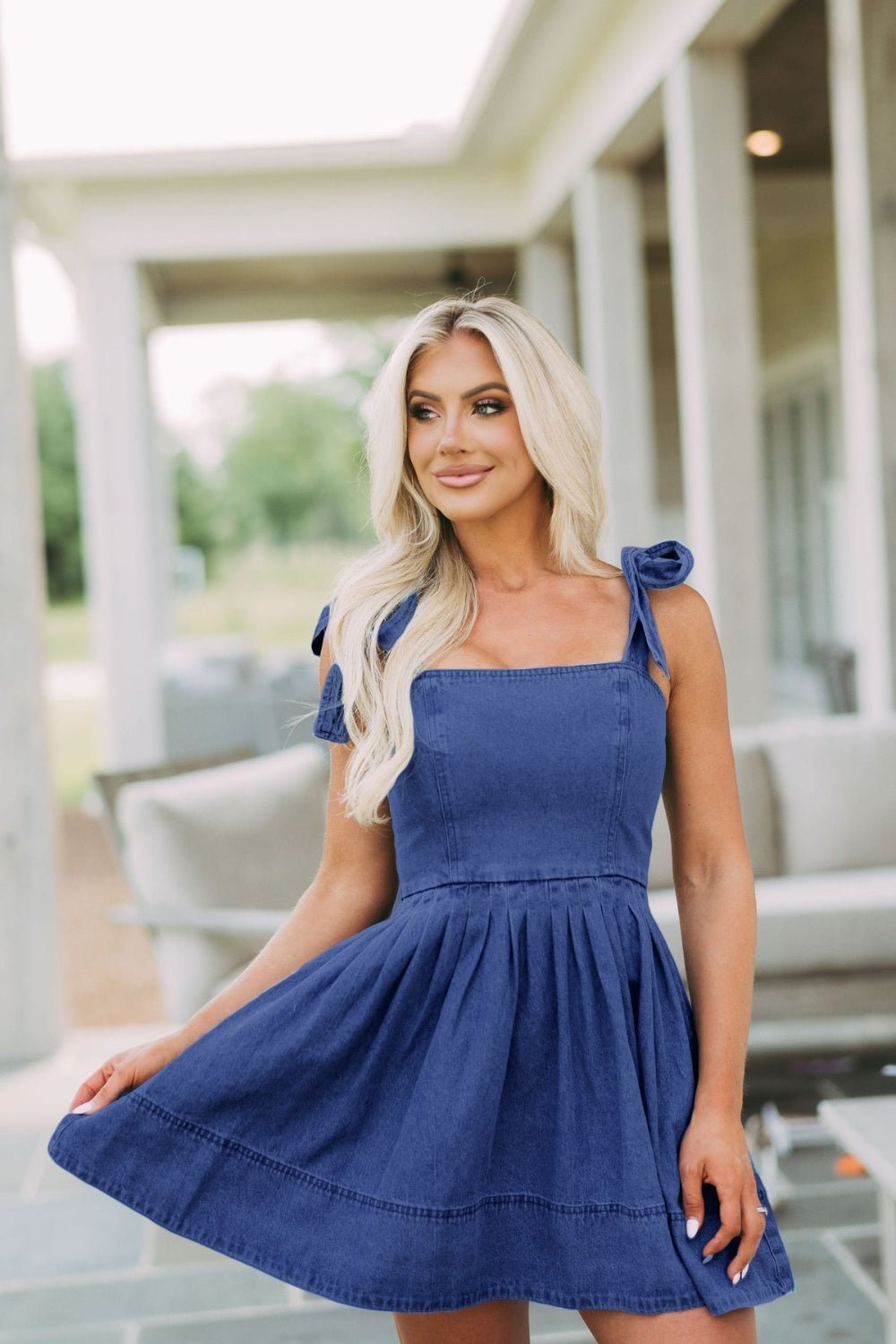 Square Neck Tie Shoulder Denim Dress | Sugarz Chique Boutique