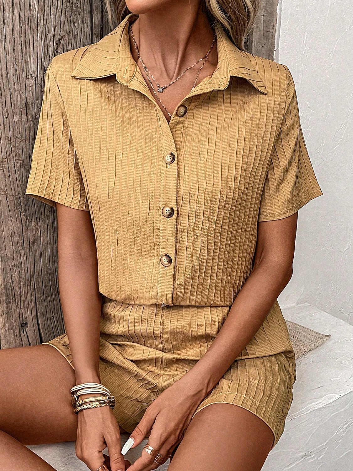 Textured Button Up Shirt and Shorts Set | Sugarz Chique Boutique