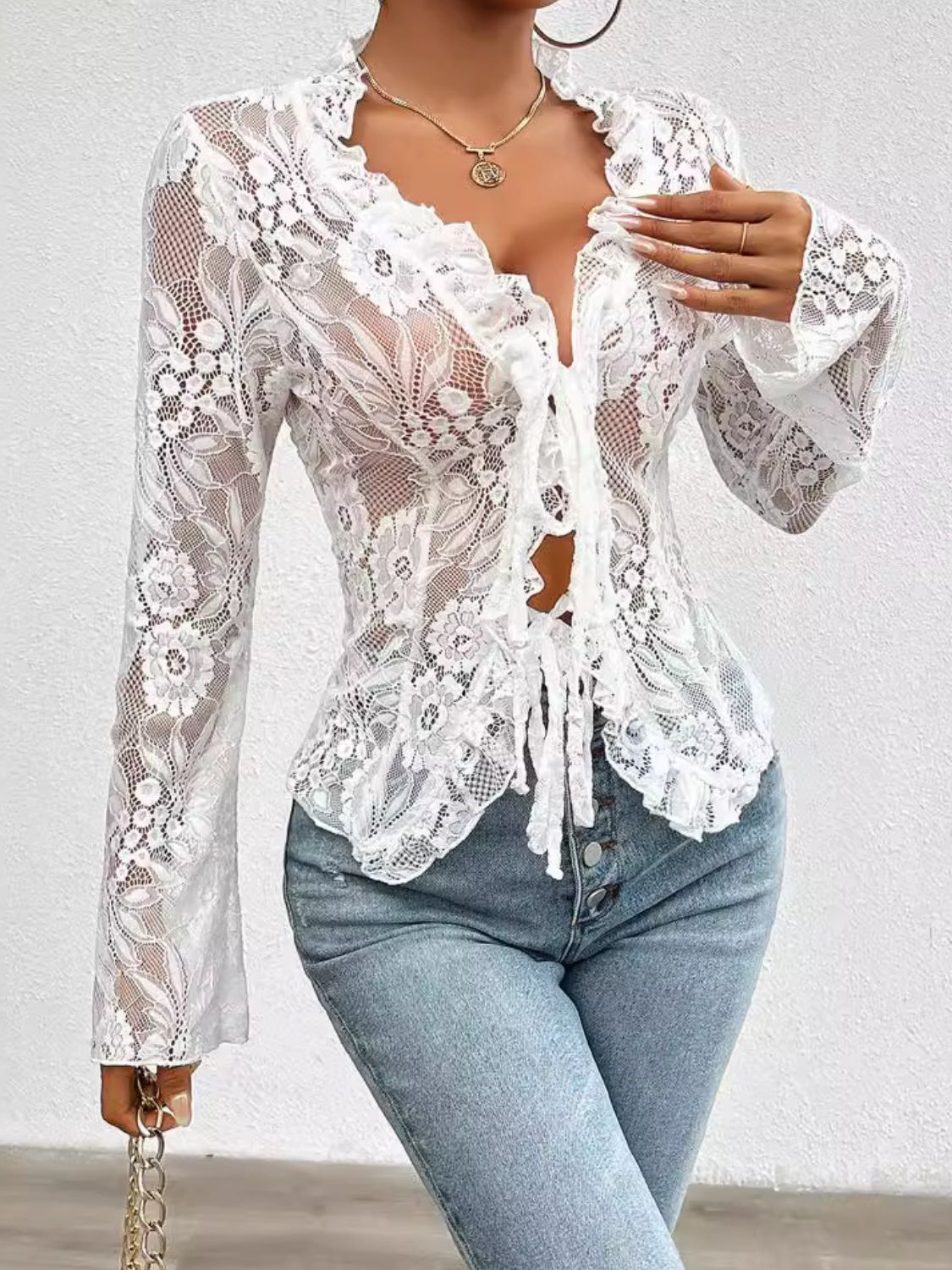 Tied V-Neck Long Sleeve Lace Top | Sugarz Chique Boutique