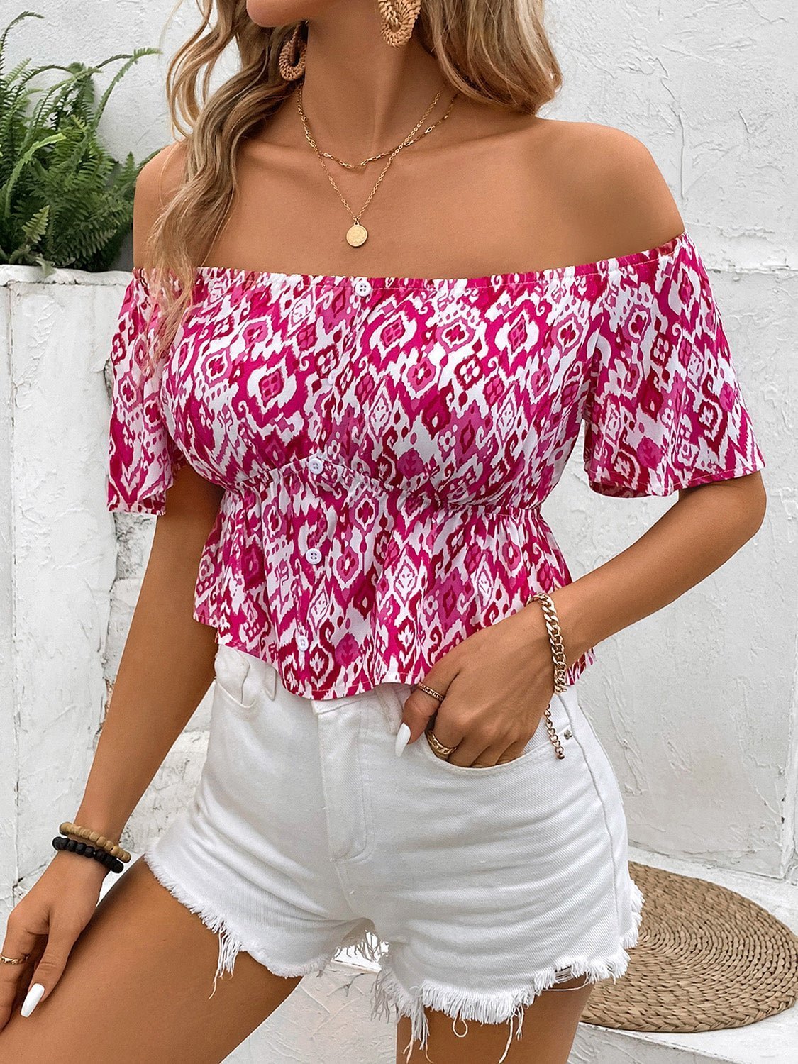 Peplum Printed Off-Shoulder Short Sleeve Blouse | Sugarz Chique Boutique