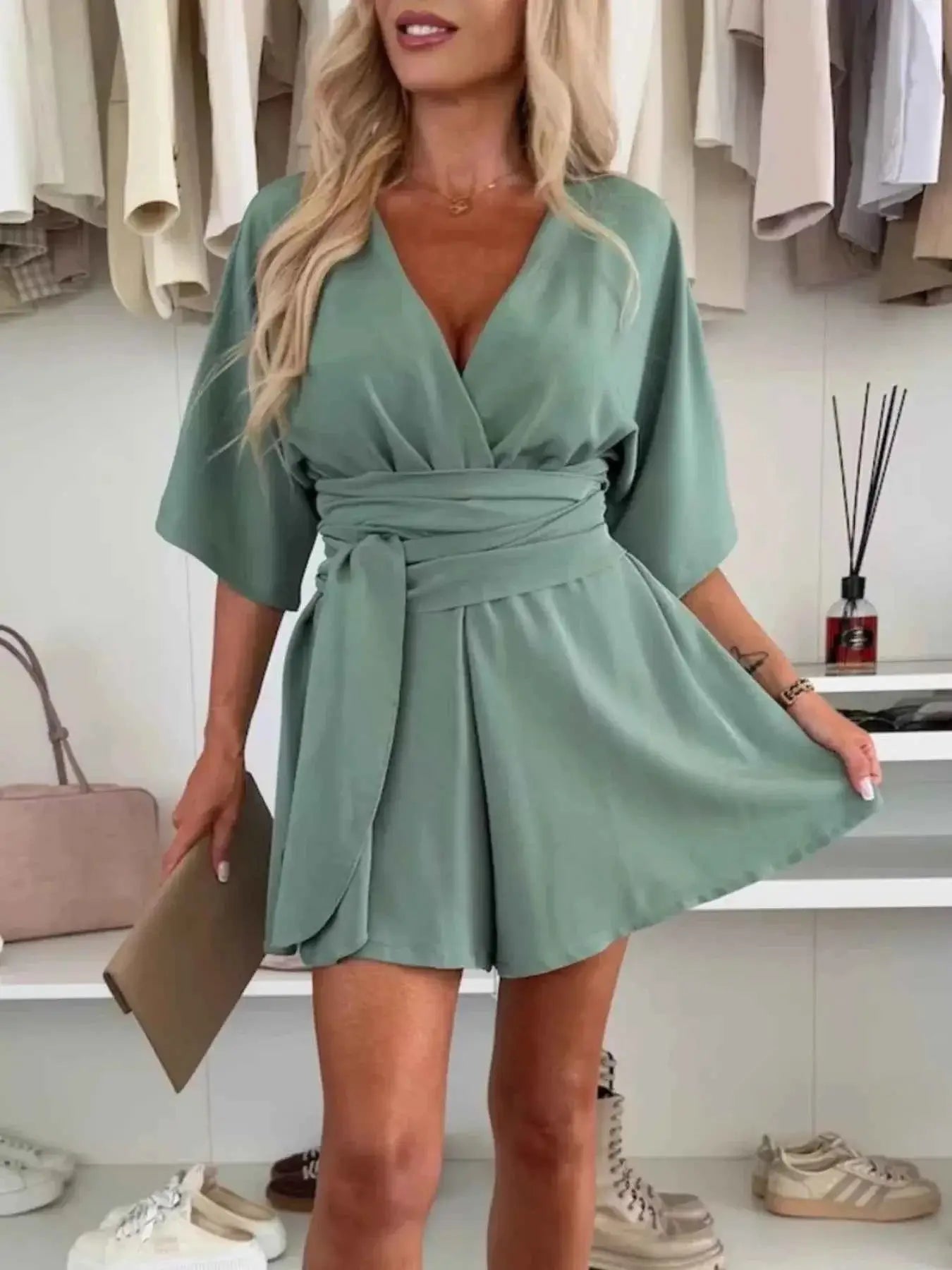 Full Size Surplice Tie Waist Romper Plus Size | Sugarz Chique Boutique