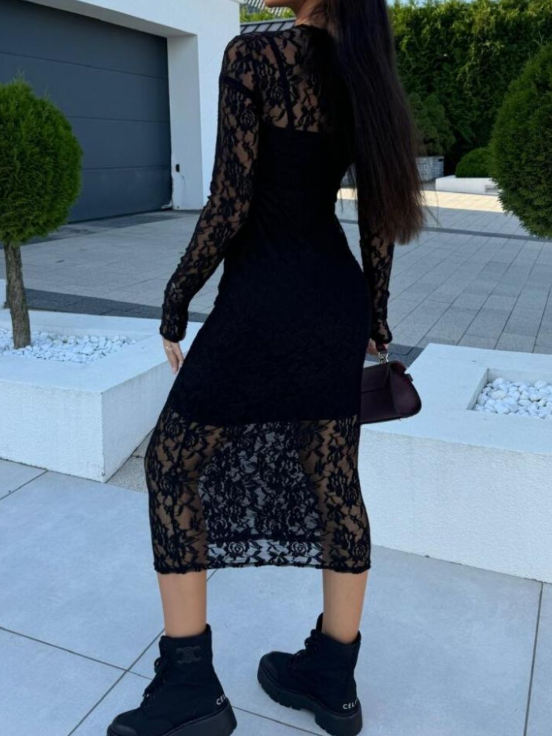 Lace Round Neck Long Sleeve Midi Dress | Sugarz Chique Boutique