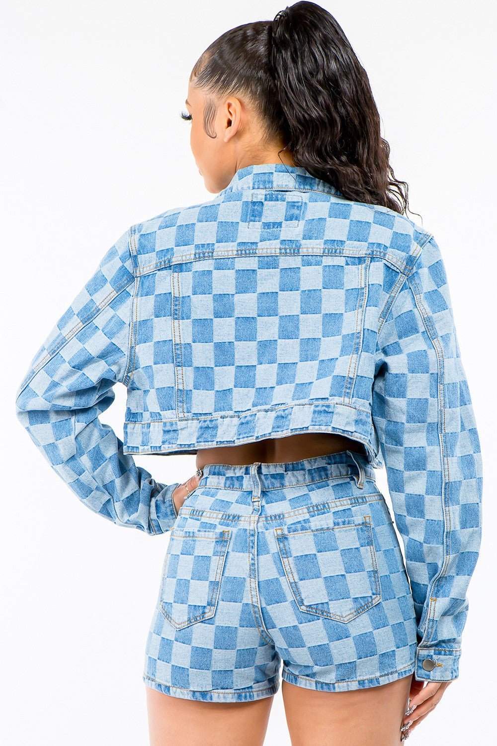 American Bazi Checkered Long Sleeve Cropped Denim Jacket | Sugarz Chique Boutique