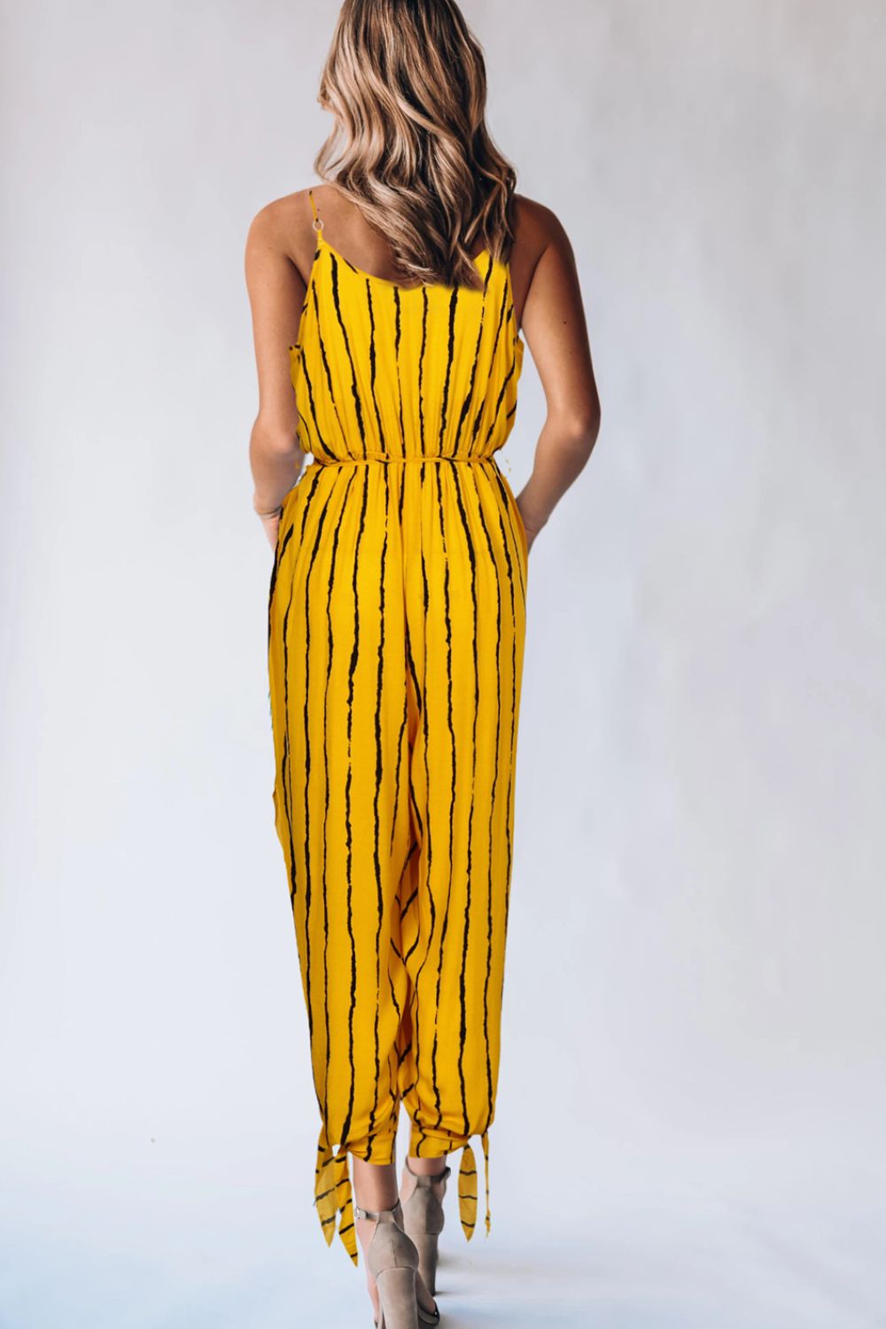 Striped Contrast Tie Ankle Spaghetti Strap Jumpsuit | Sugarz Chique Boutique