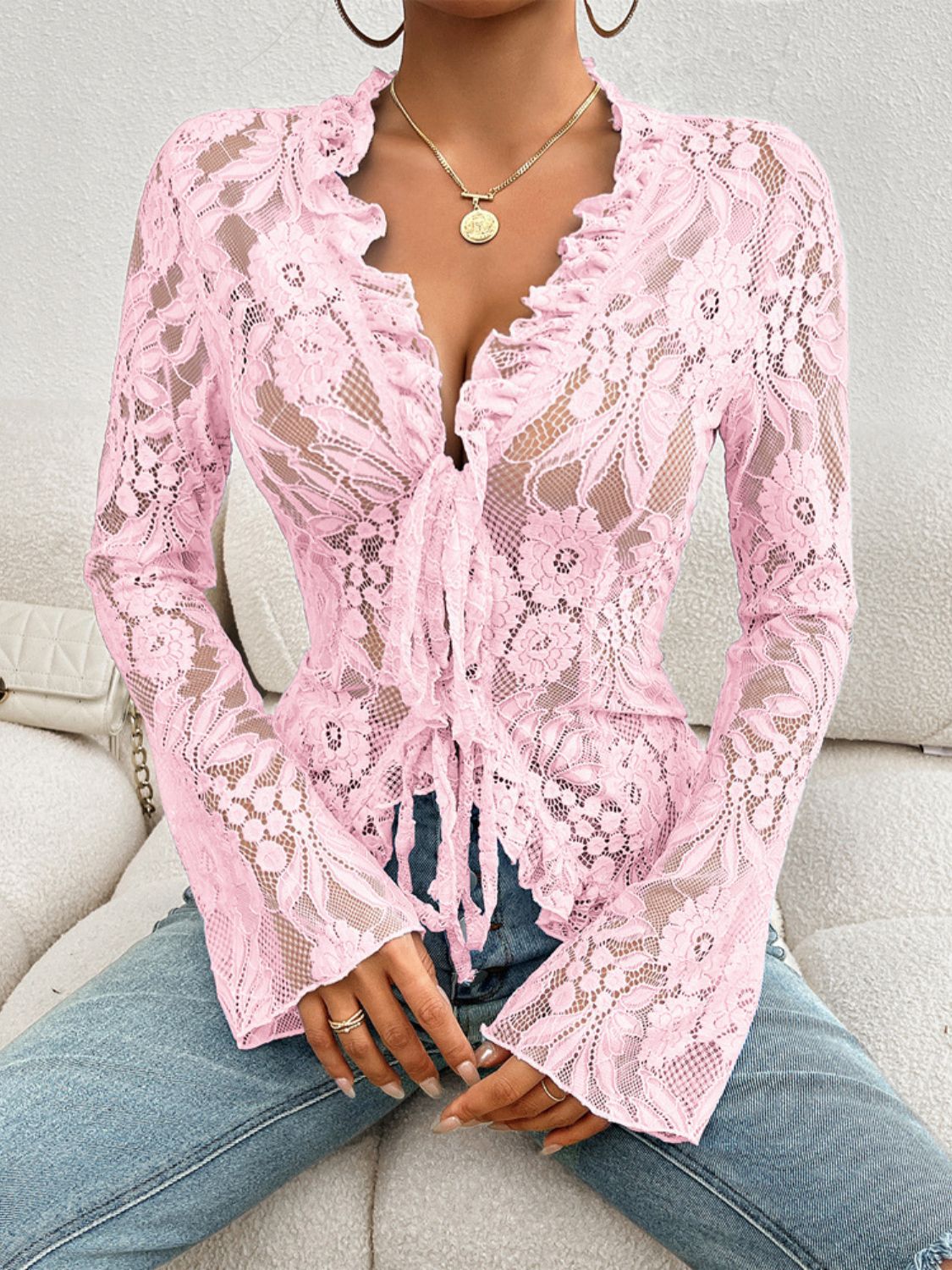 Tied V-Neck Long Sleeve Lace Top | Sugarz Chique Boutique